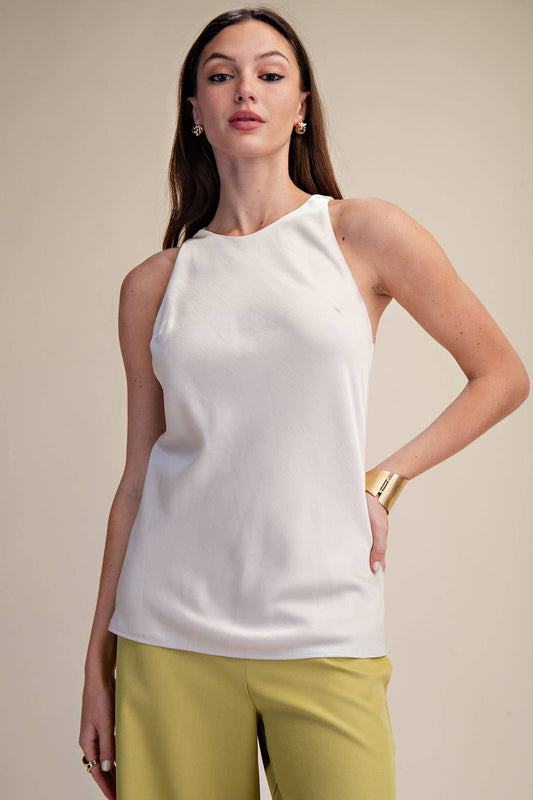 Round-Neck Sleeveless Minimalist Top: Cream