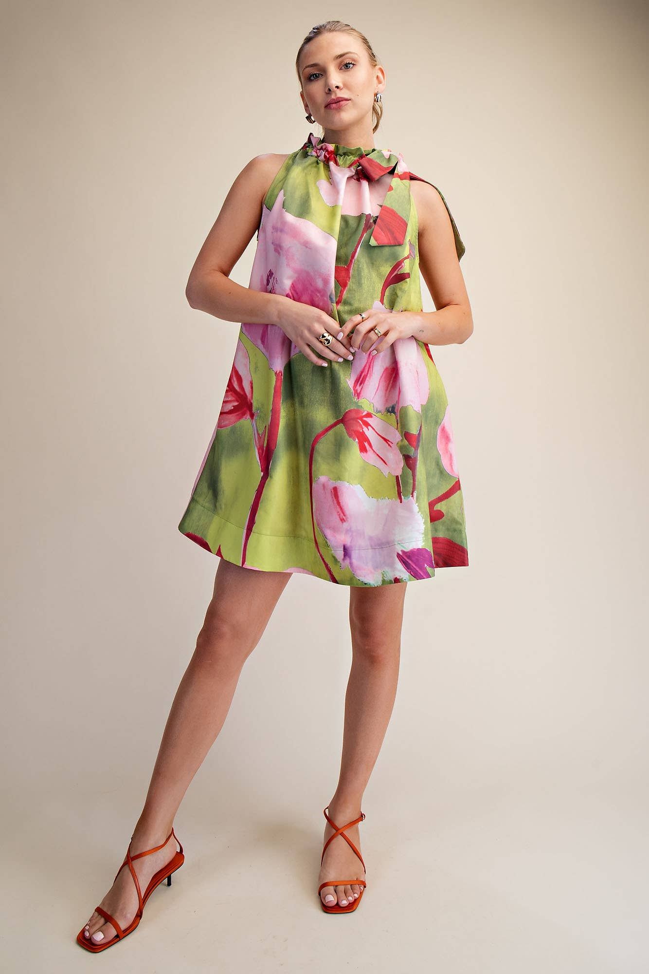 Mini Dress Ruffle Neck Tie Sleeveless Floral Print-Lime