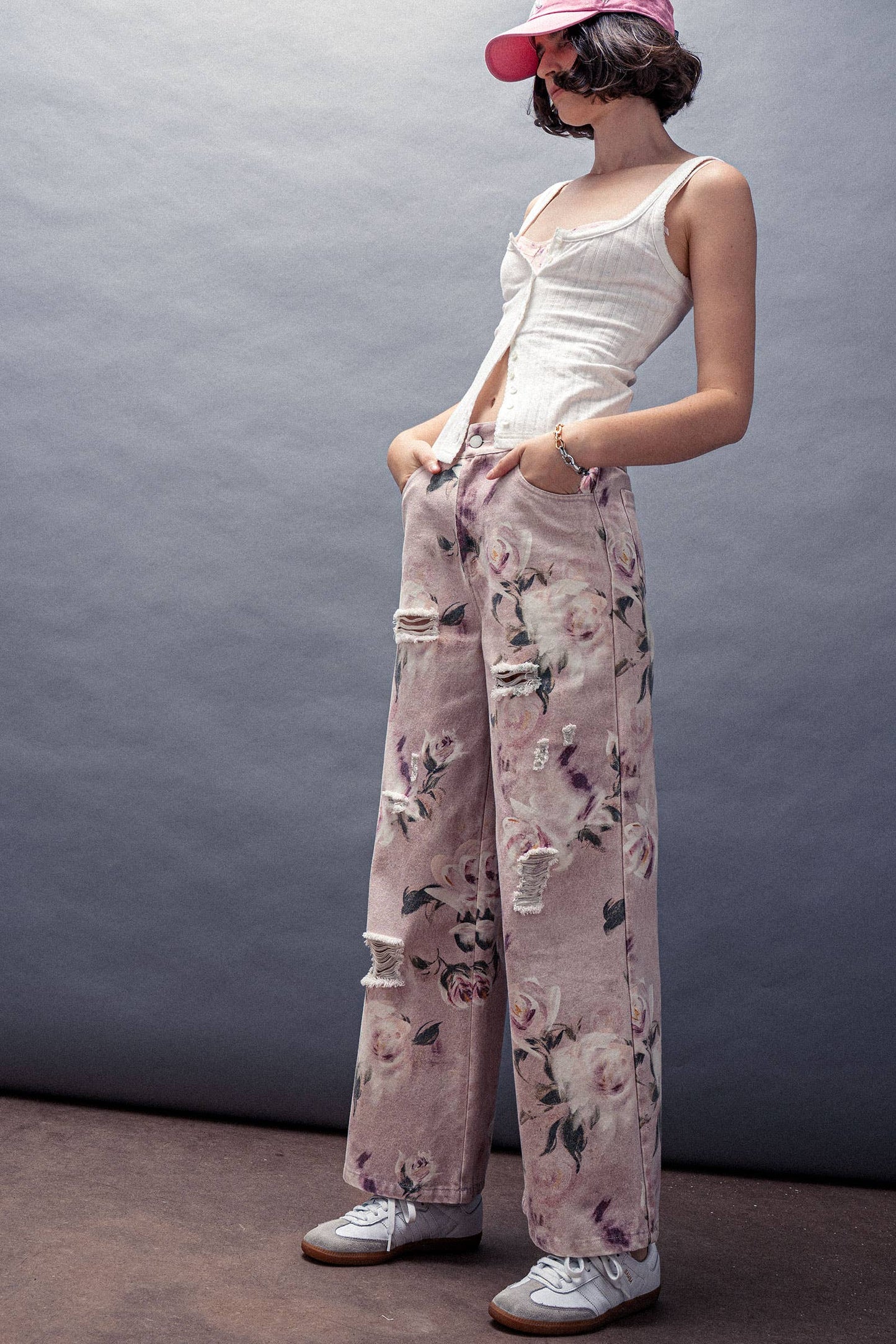 Rose Print High-Rise Denim Pants