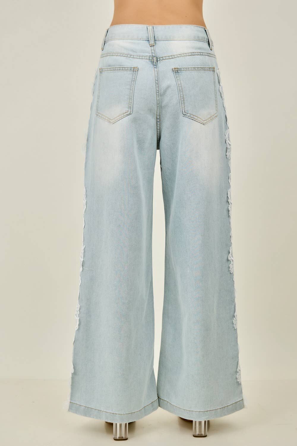Preorder Floral Lace Side-Panel Wide-Leg Jeans | Denim/White