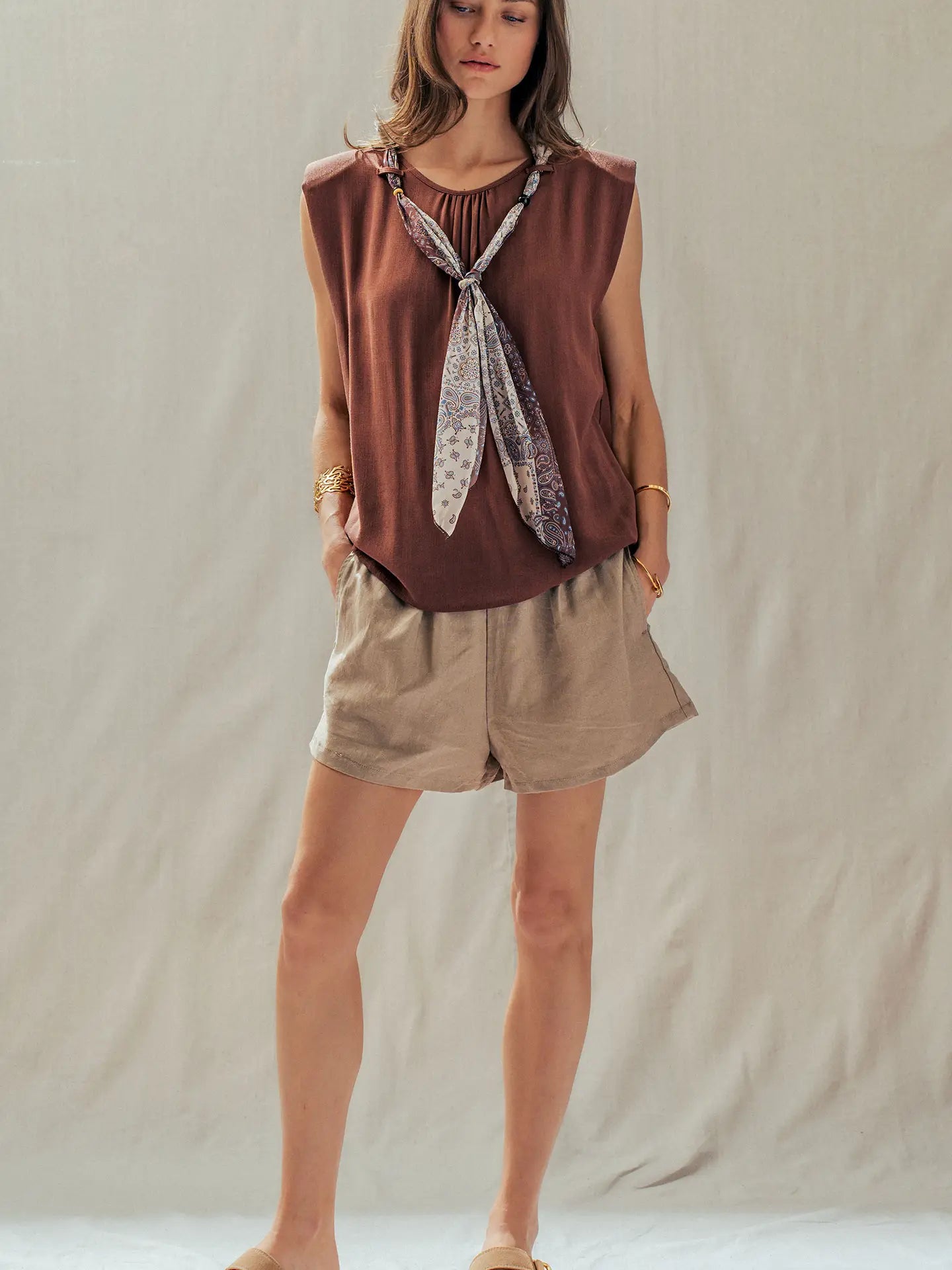 Paisley Scarf Tie Linen Blend Muscle Top