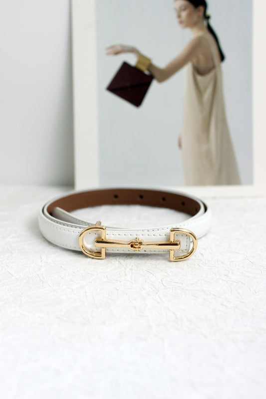 Slim Leather Belt with Equestrian Buckle: White