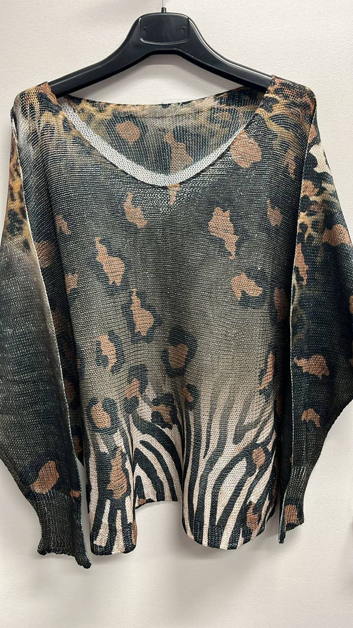 Olive Leopard V-Neck Knit Sweater | One Size | Preorder