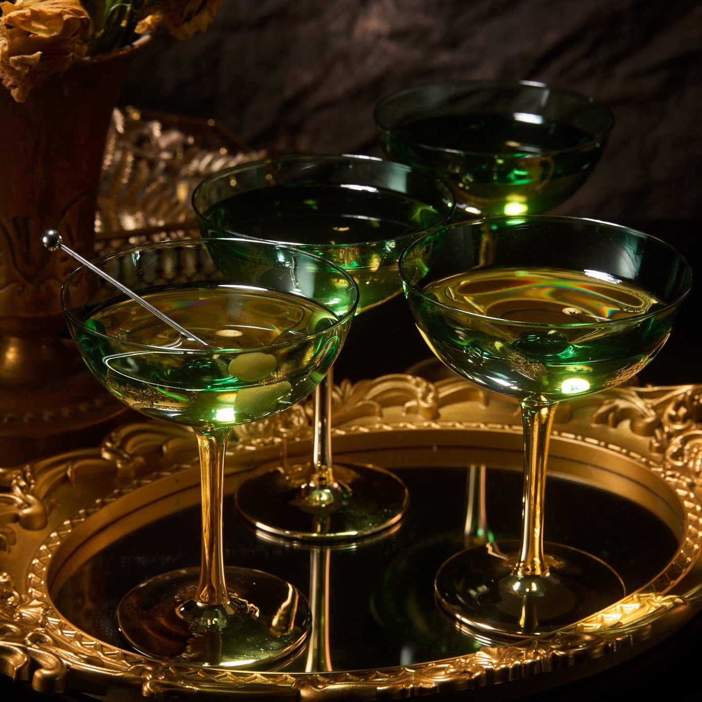 Gold & Green Coupe Art Deco Glasses, Gold | Set of 4 | 12 oz