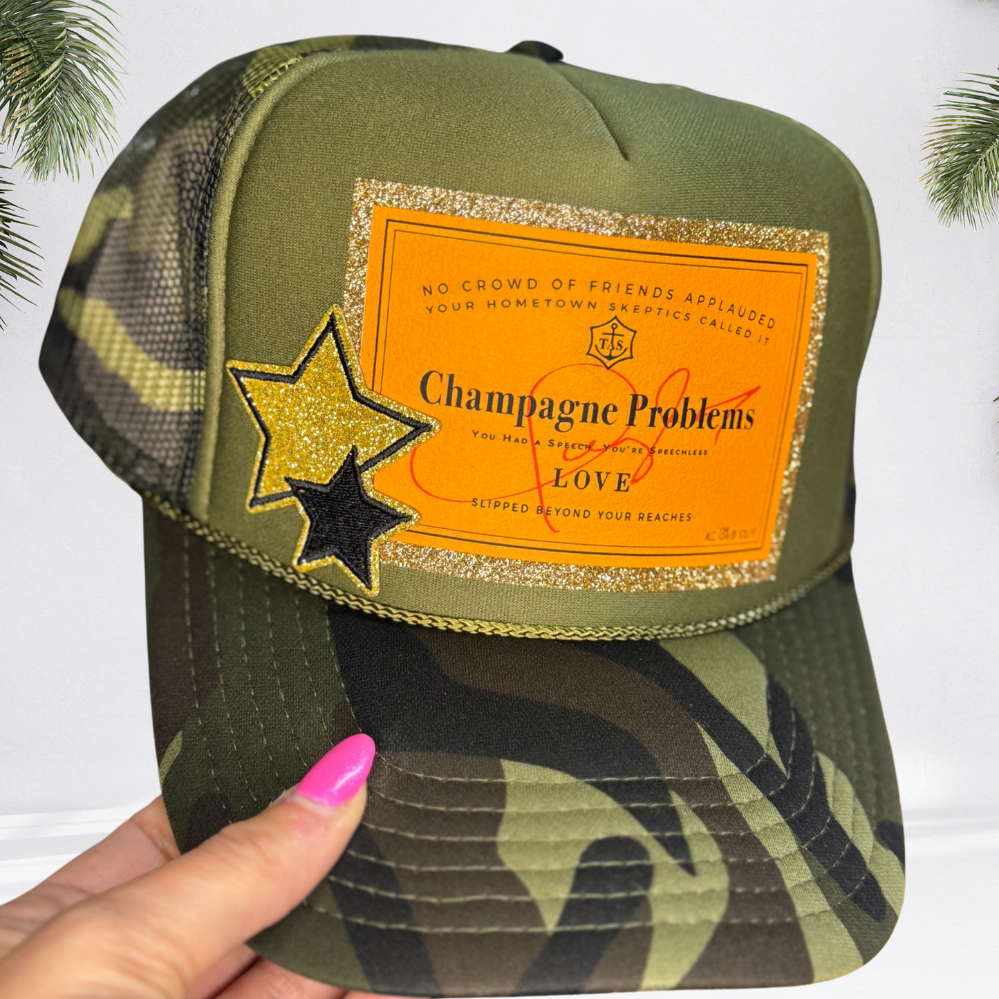 "Champagne Problems" Camo Glitter Trucker Hat : Dark Camo - No Gold Star Patch