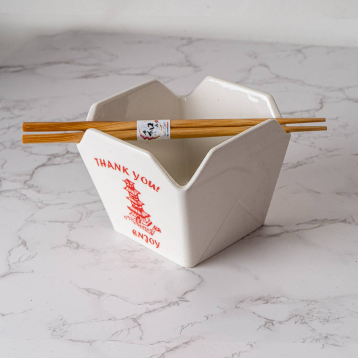 Pagoda Takeout Box Ceramic Serving Bowl with Chopsticks (16 oz)