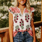 White Floral Print Contrast Striped Trim Flutter Cotton Blouse