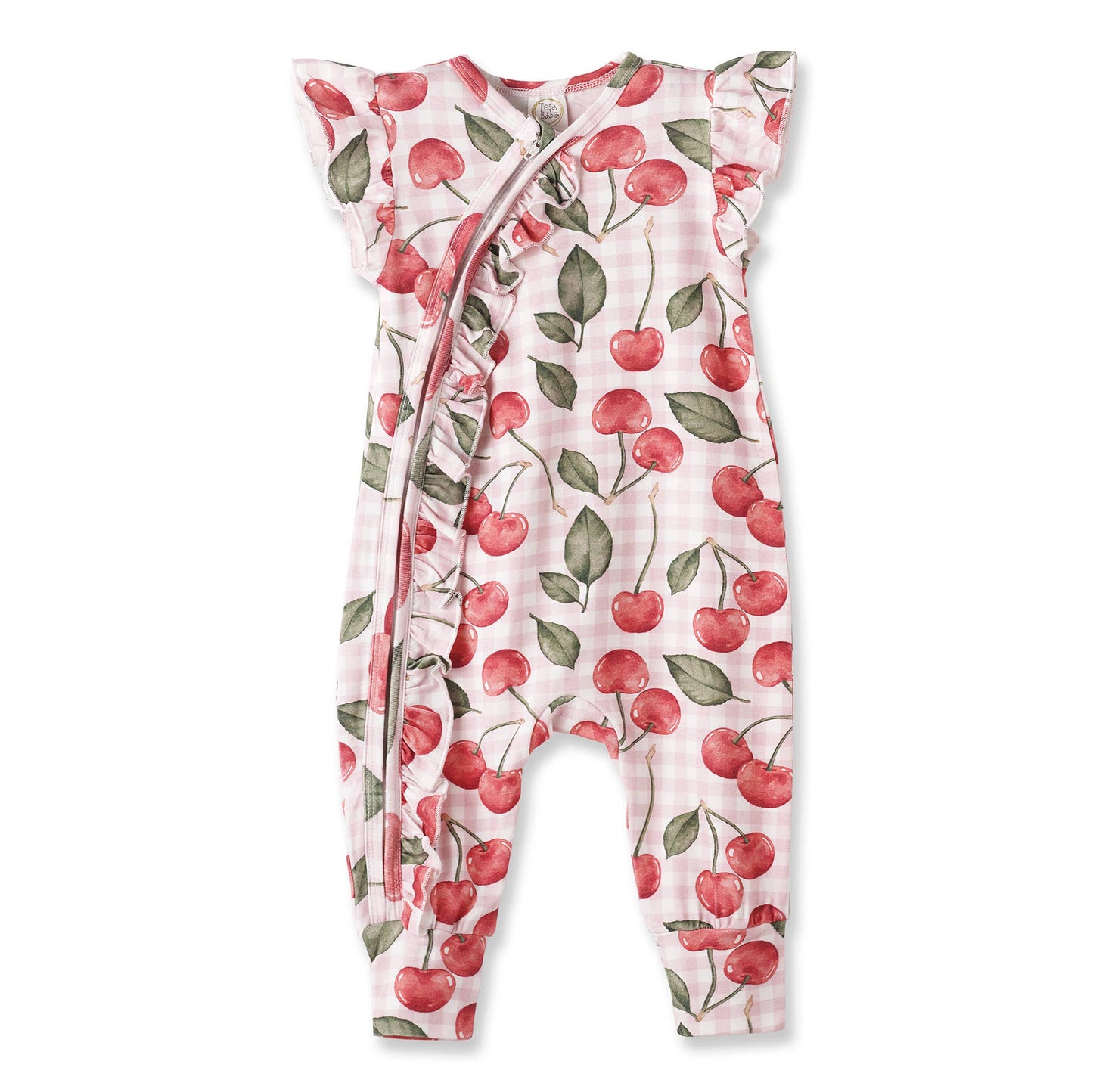 Cherry Picnic Baby Girl Romper – Soft Bamboo Zipper Pajamas
