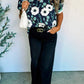 Blue Floral Print Striped Patchwork V Neck Short Sleeve Blouse