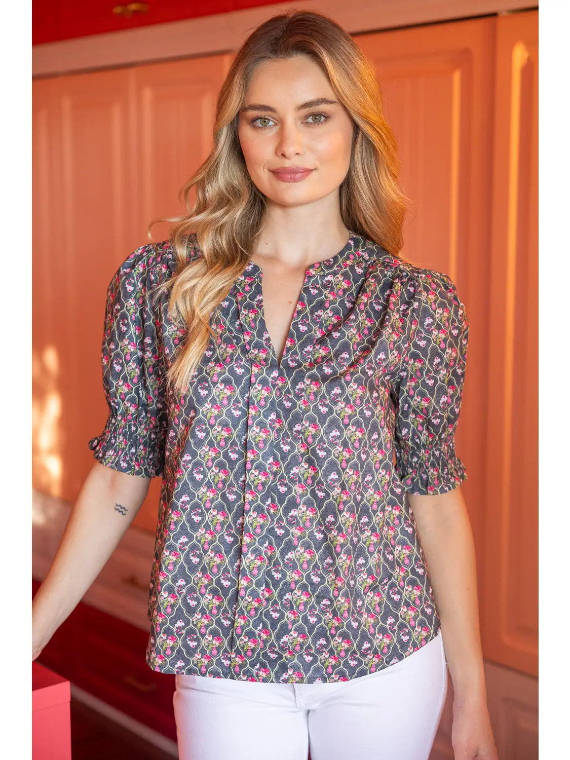Smocked Short Puff Sleeve Floral Top