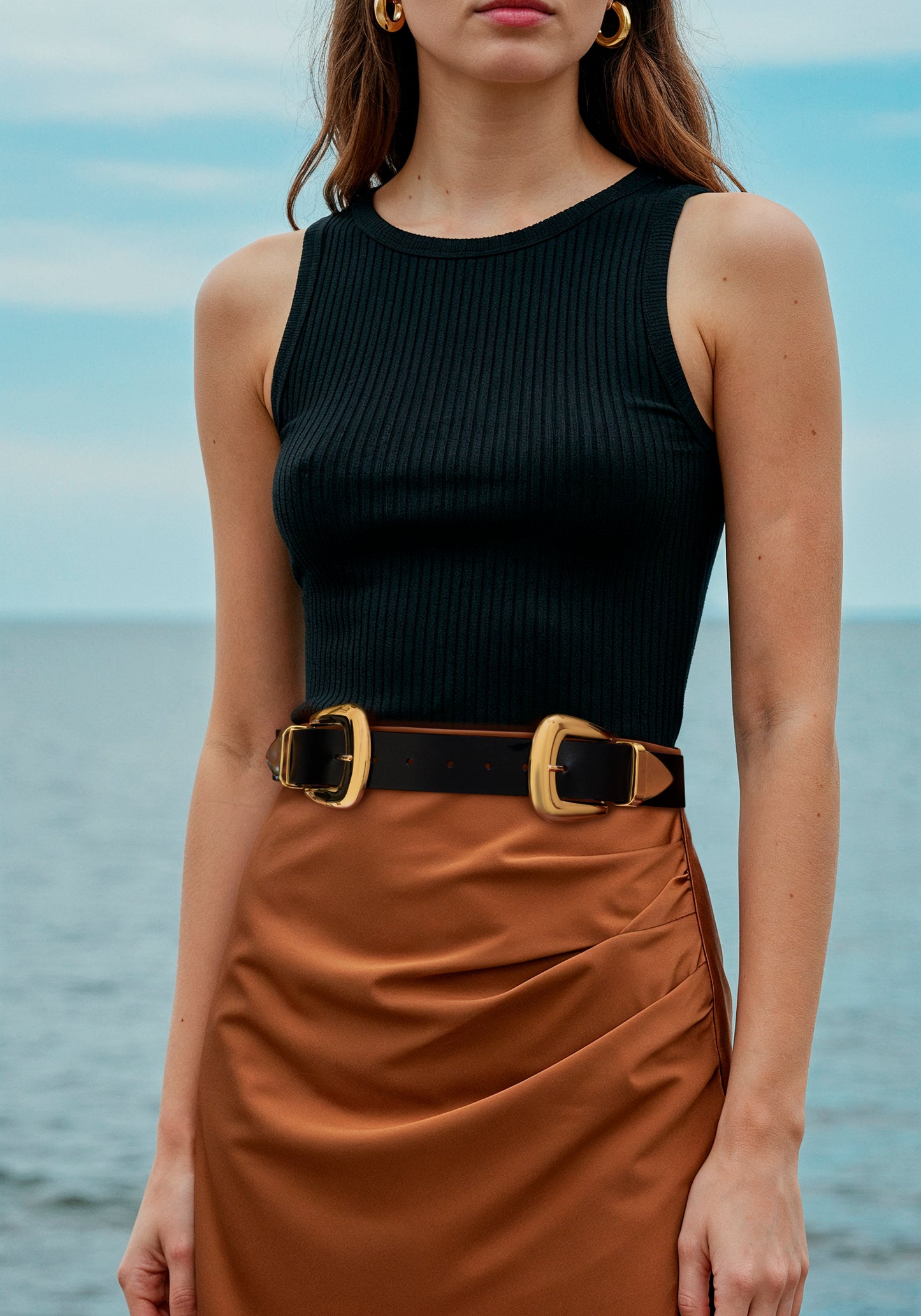 Double  Buckle Black Belt - Wide