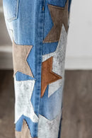 PU LEATHER STAR PATCHED JEANS