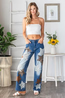 PU LEATHER STAR PATCHED JEANS