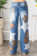 PU LEATHER STAR PATCHED JEANS