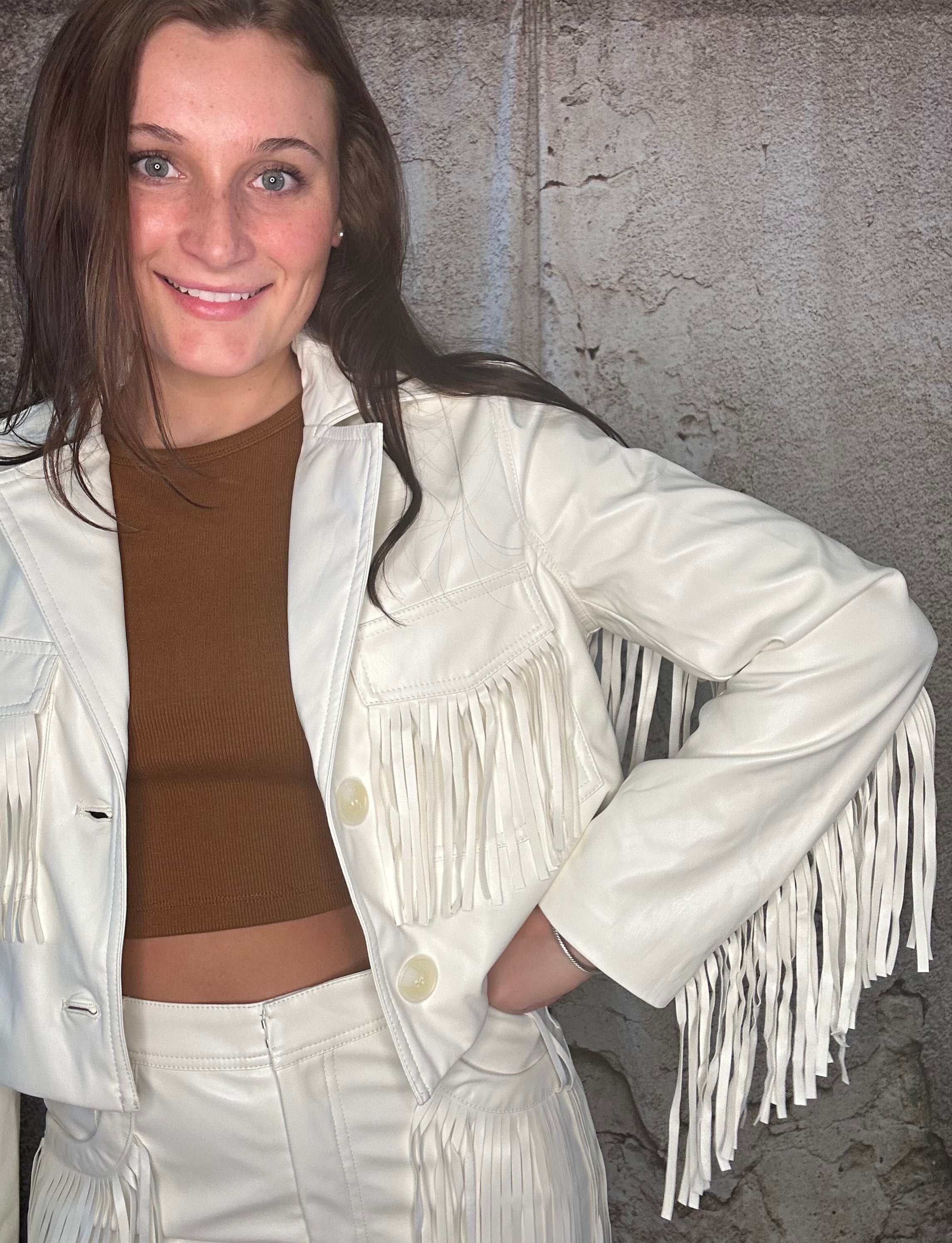 White leather hotsell fringe jacket