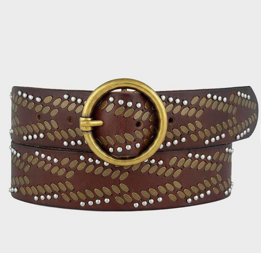 Fiona | Studded Leather Belt with Gold Round Buckle