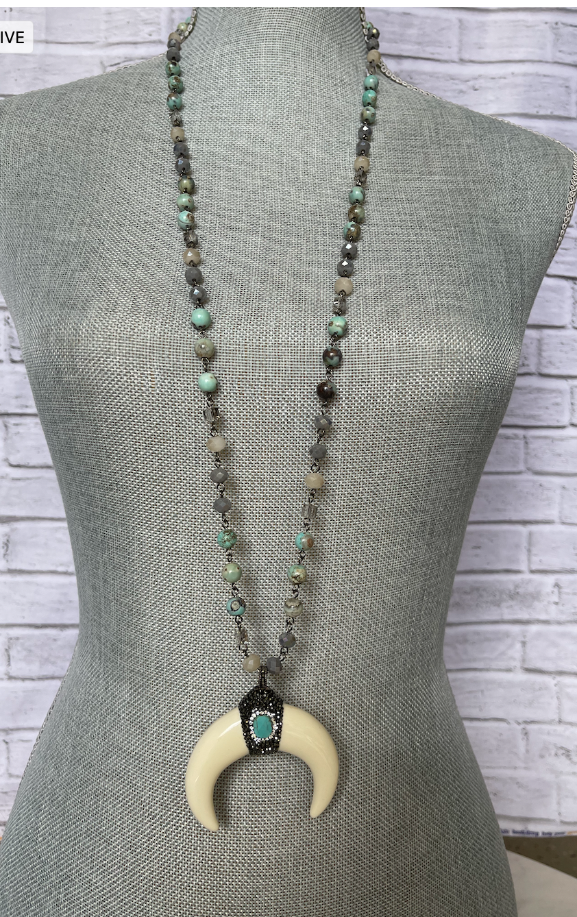 Jasper and Crystal Chain with Encrusted CZ and Turquoise Double Horn