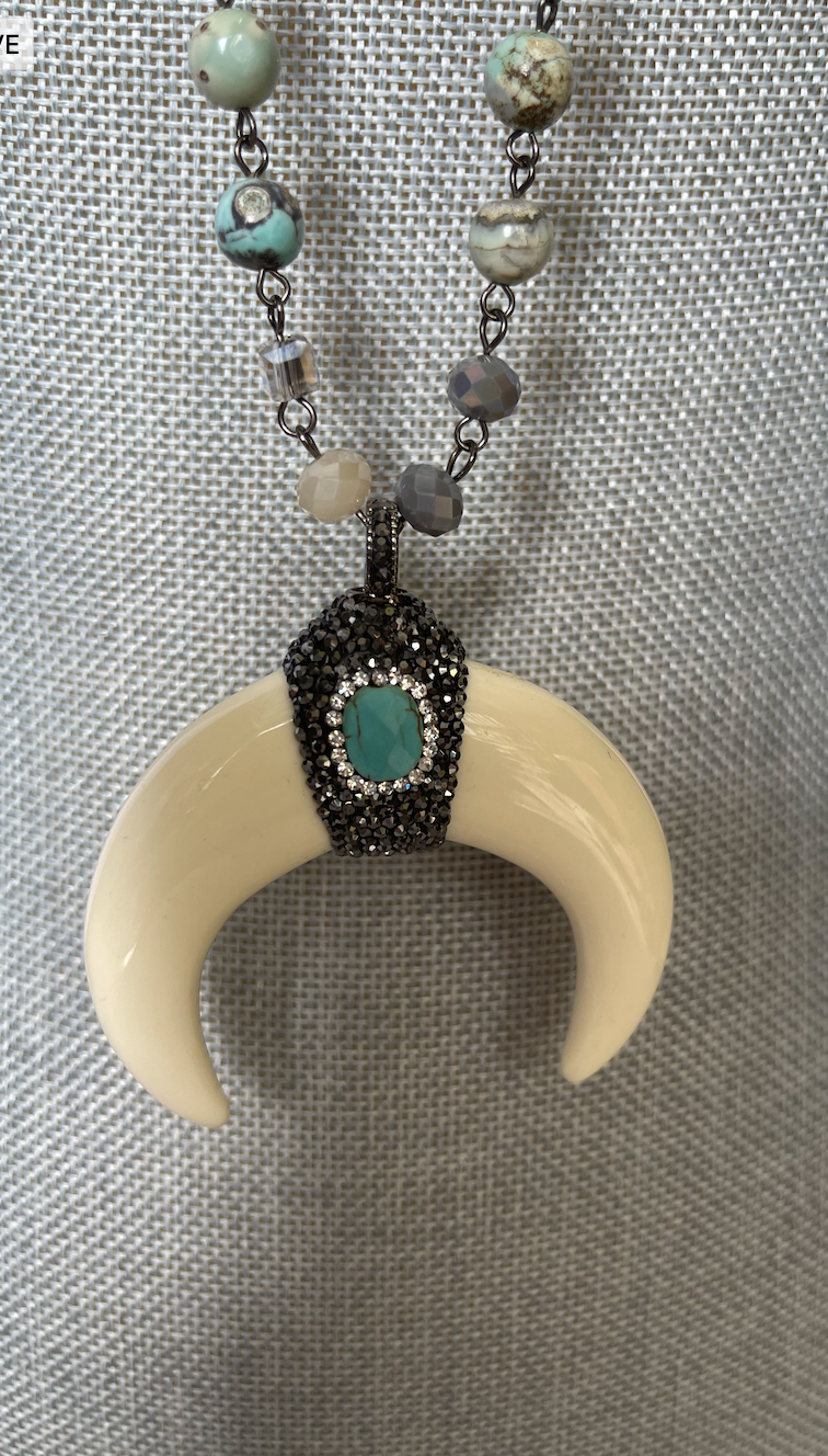 Jasper and Crystal Chain with Encrusted CZ and Turquoise Double Horn