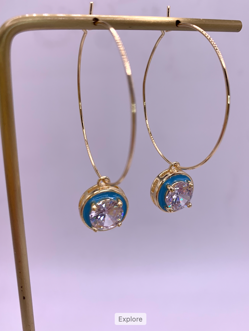 Gold Hoop with Colorful Enamel CZ Charm
