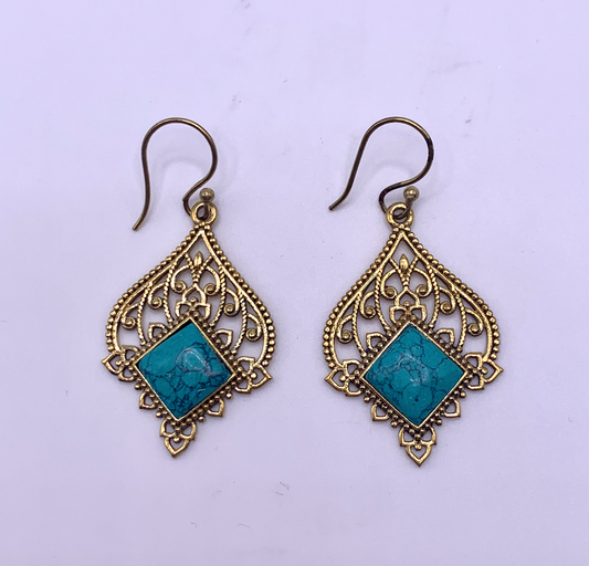 Brass Filigree Earrings With Turquoise Howlite Stones