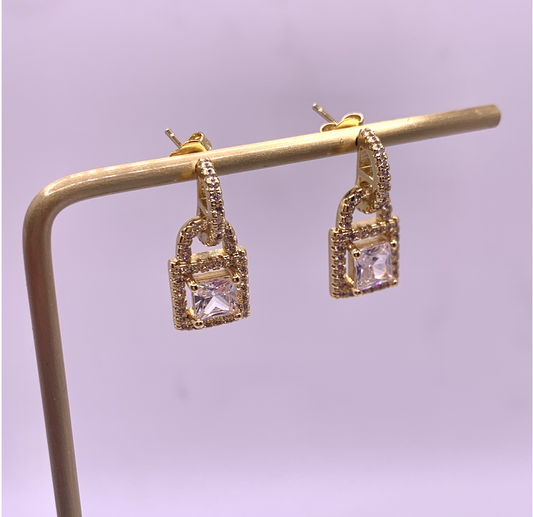 Gold Padlock with CZ's Drop Earrings