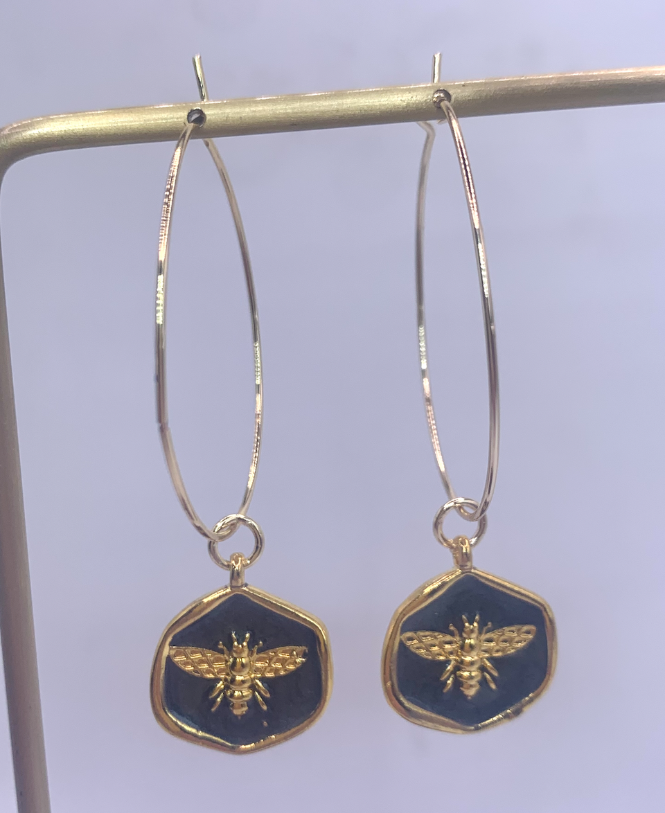 Charmed Hoop Bee Enamel Disc Earrings