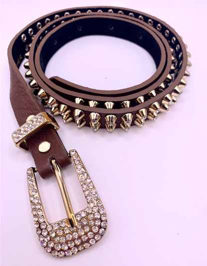 Crystal Studded Metal Spike Leather Belt