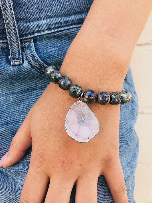 Rainbow Labradorite Bracelet // Druzy Charm