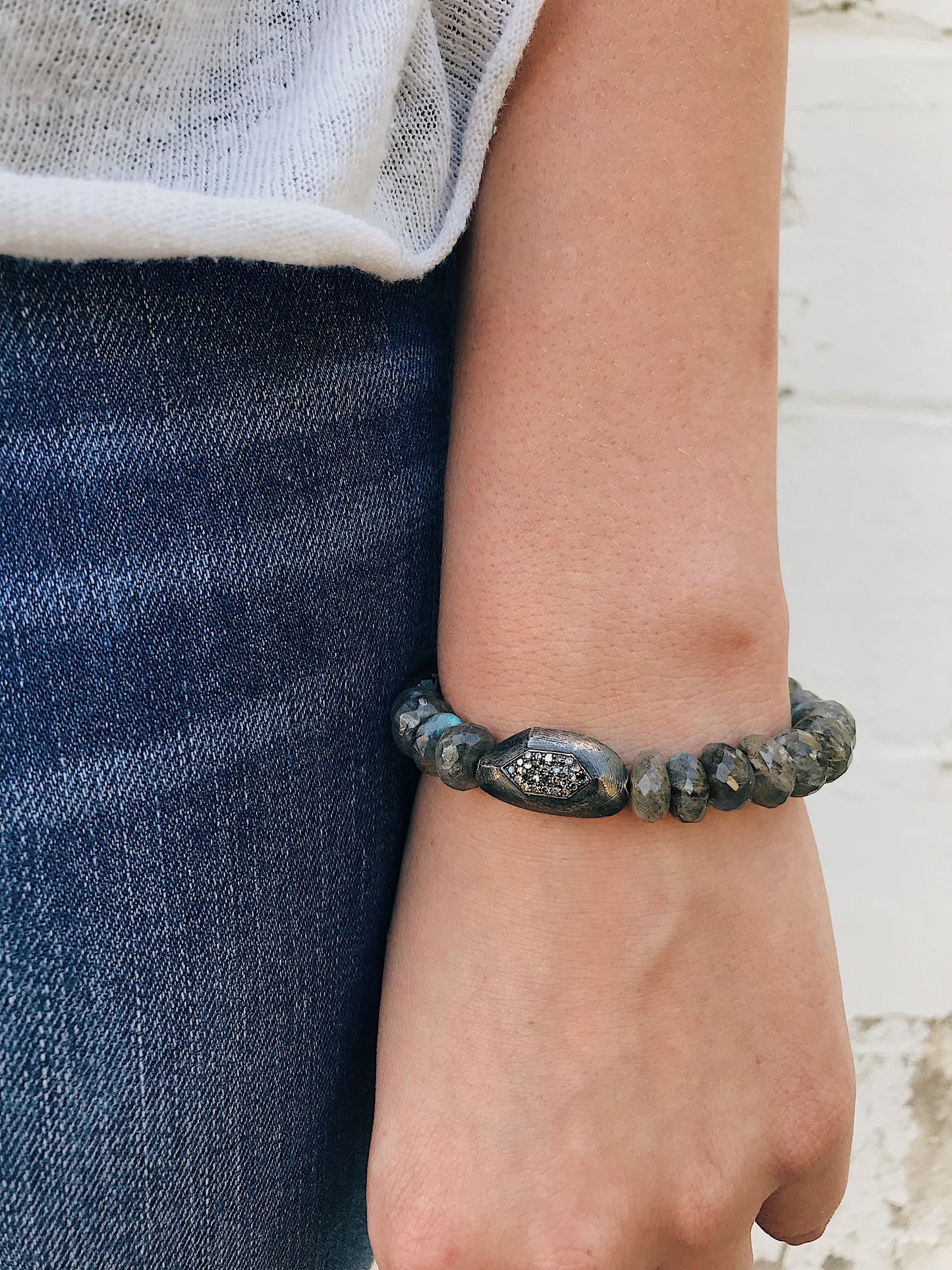 Diamond Connector on Labradorite Bracelet