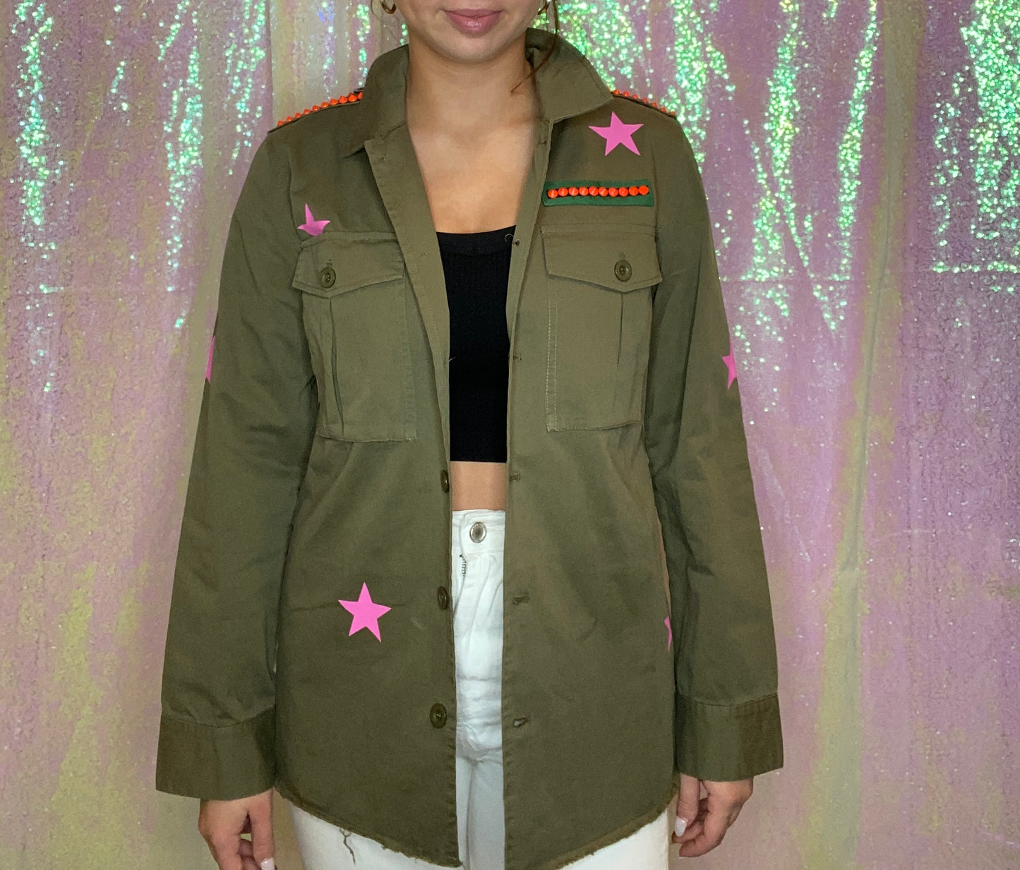 Army Green Shirt with Hot Pink Stars