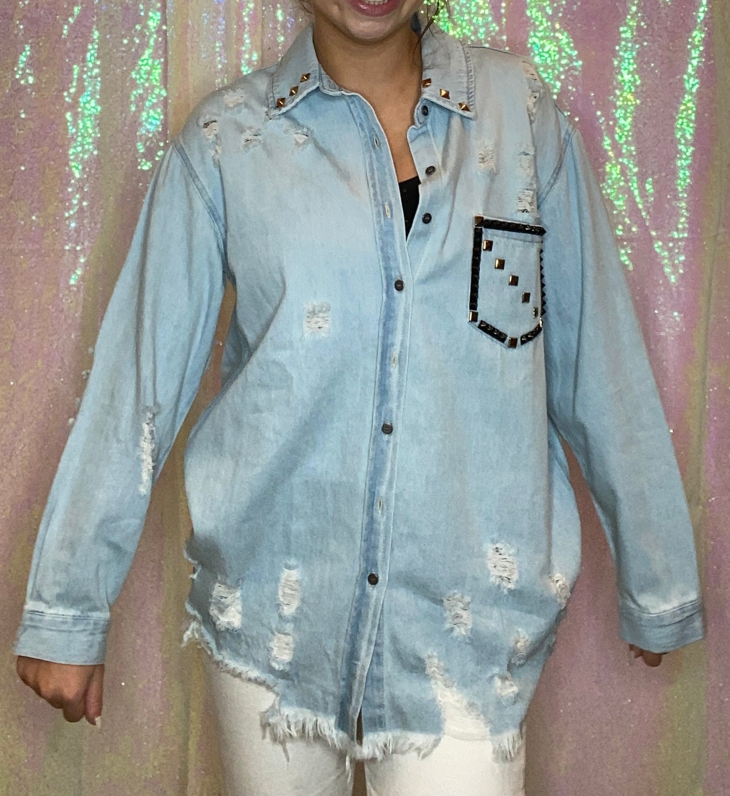 Distressed Denim Button Up