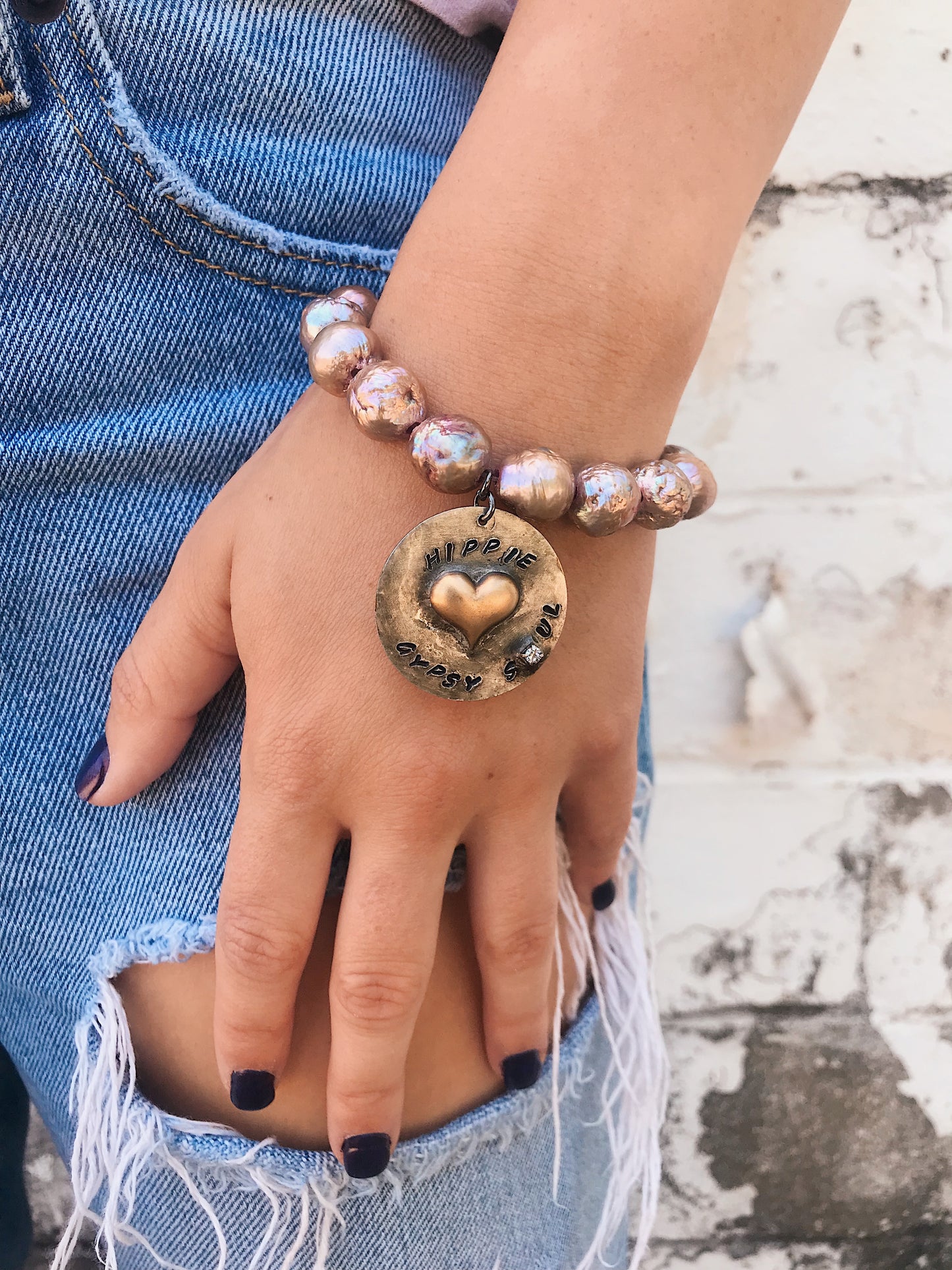 Pearl Bracelet // Hippie Gypsy Soul Hand Soldered Charm