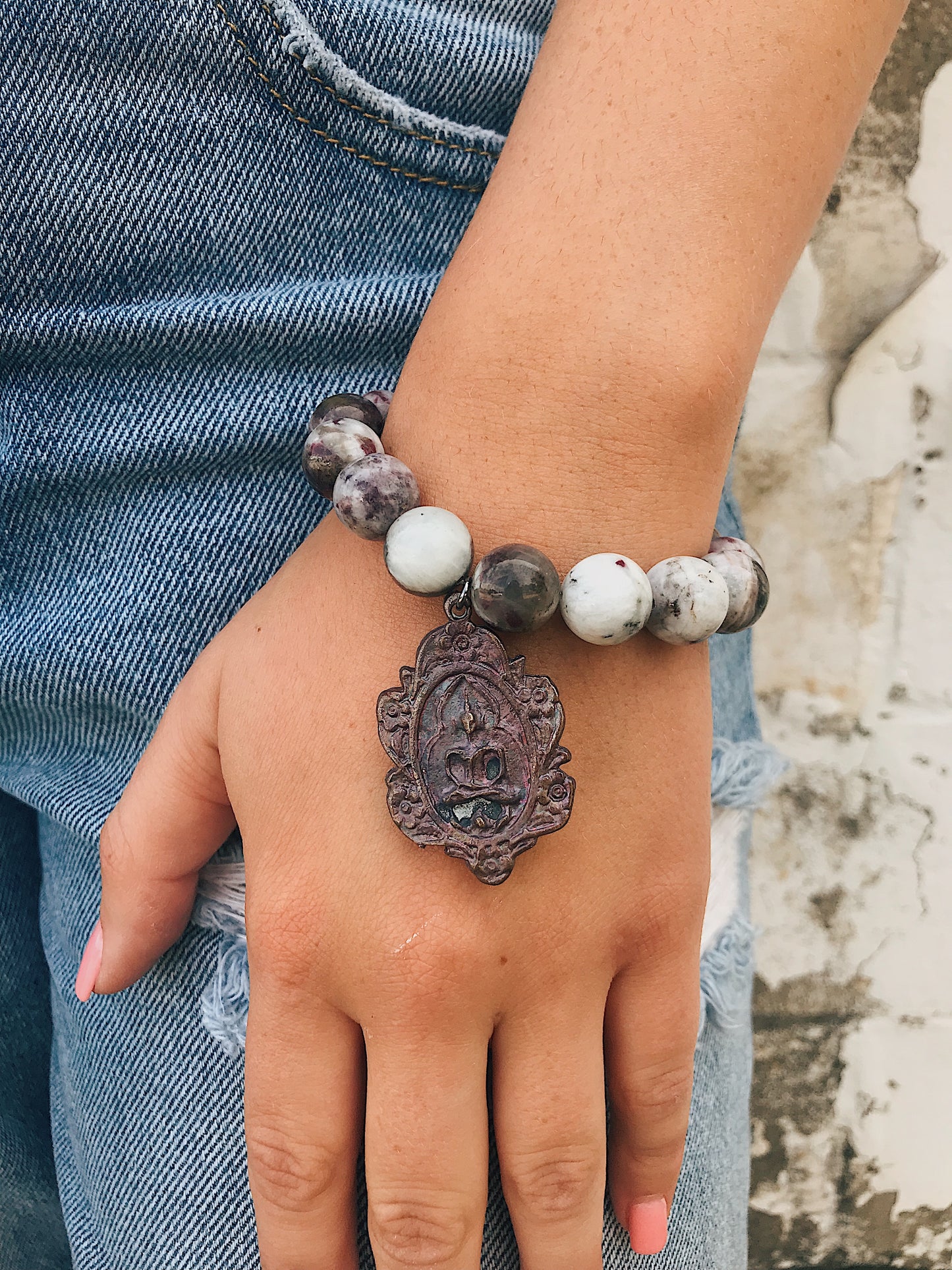 Flower Tourmaline Bracelet // Tibetan Charm