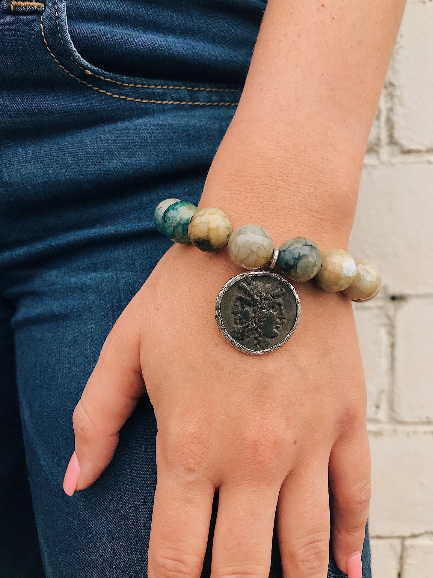 Moss Agate Bracelet // Ancient Roman Coin