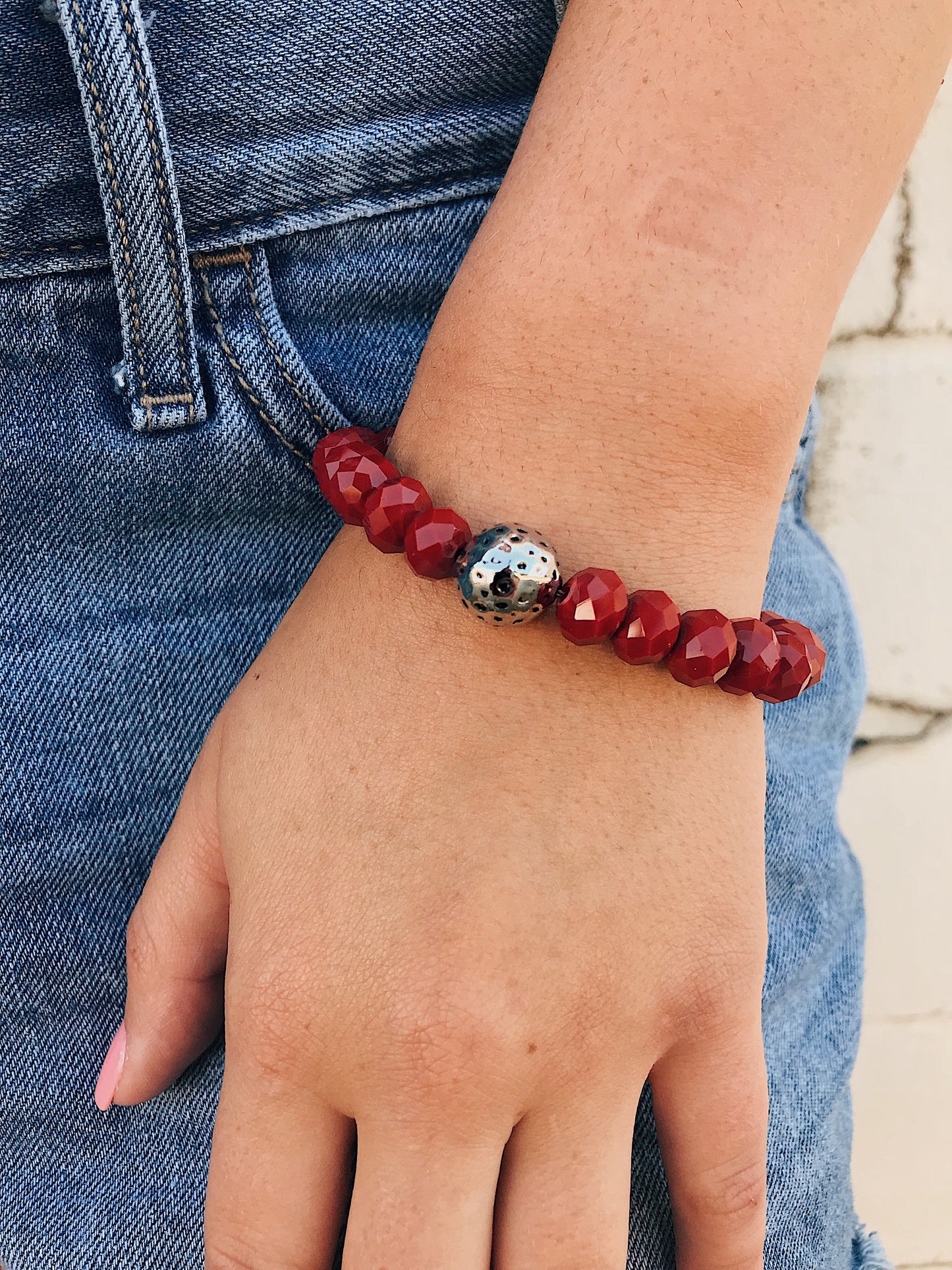 Cherry Red Crystal Bracelet // Accent Bead