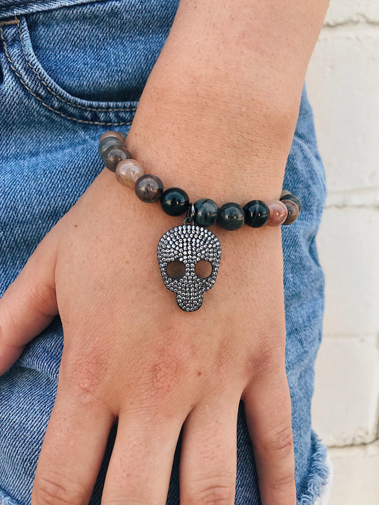 Ocean Jasper Bracelet // CZ Skull Charm